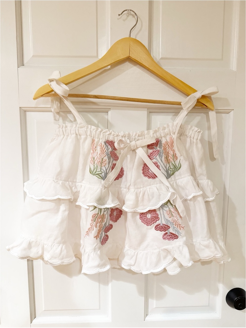 Innika Choo Embroidered Linen Ruffle Cami Top ONE SIZE